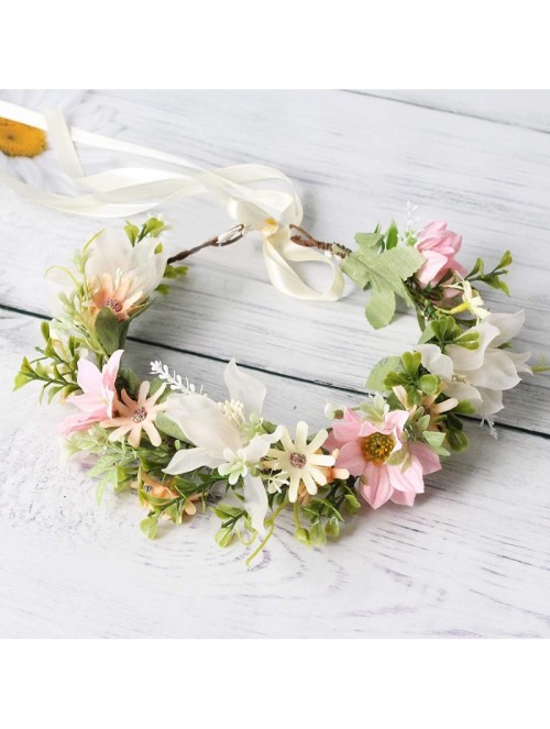 Headbands Floral Garland Crown Hair Wreath Flower Headband Halo Floral Headpiece Boho with Ribbon Wedding Party - B - C71944T...