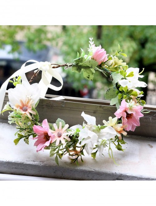 Headbands Floral Garland Crown Hair Wreath Flower Headband Halo Floral Headpiece Boho with Ribbon Wedding Party - B - C71944T...