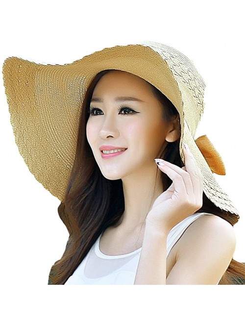 Sun Hats Women Girl Ribbon Criss Cross Pattern Wide Brim Straw Hat FFH156PUR - Khaki - CQ11L0RB3F5 $28.50