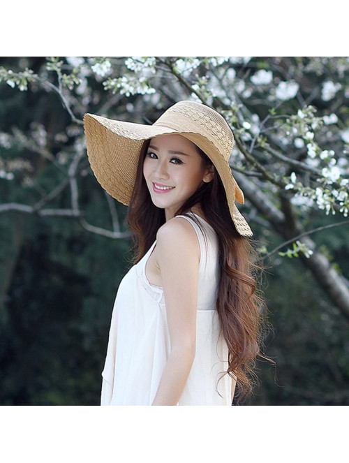 Sun Hats Women Girl Ribbon Criss Cross Pattern Wide Brim Straw Hat FFH156PUR - Khaki - CQ11L0RB3F5 $28.50