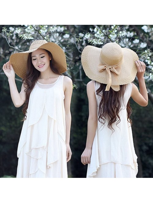 Sun Hats Women Girl Ribbon Criss Cross Pattern Wide Brim Straw Hat FFH156PUR - Khaki - CQ11L0RB3F5 $28.50