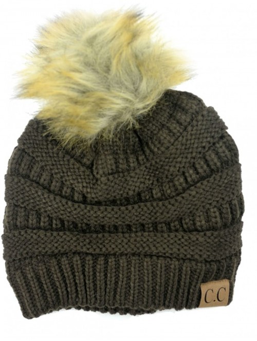 Skullies & Beanies Soft Stretch Cable Knit Ribbed Faux Fur Pom Pom Beanie Hat - Brown - CO12JSM8RY3 $19.09