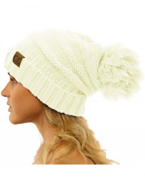 Skullies & Beanies Oversized Super Big Slouchy Pom Pom Warm Chunky Stretchy Knit Beanie Hat - Solid Ivory - CE185TZWTT9 $15.27