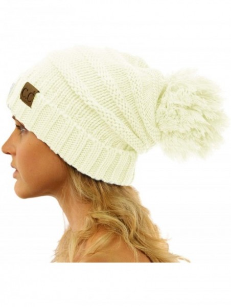 Skullies & Beanies Oversized Super Big Slouchy Pom Pom Warm Chunky Stretchy Knit Beanie Hat - Solid Ivory - CE185TZWTT9 $15.27