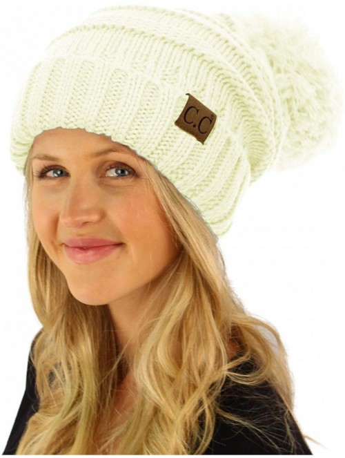 Skullies & Beanies Oversized Super Big Slouchy Pom Pom Warm Chunky Stretchy Knit Beanie Hat - Solid Ivory - CE185TZWTT9 $15.27