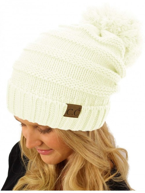 Skullies & Beanies Oversized Super Big Slouchy Pom Pom Warm Chunky Stretchy Knit Beanie Hat - Solid Ivory - CE185TZWTT9 $15.27