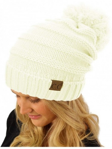 Skullies & Beanies Oversized Super Big Slouchy Pom Pom Warm Chunky Stretchy Knit Beanie Hat - Solid Ivory - CE185TZWTT9 $15.27