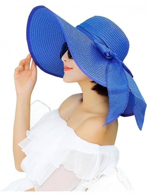 Sun Hats Women Big Bowknot Straw Hat Floppy Foldable Roll Up Beach Cap Sun Hat - Blue - C918D2Y8YNE $18.27