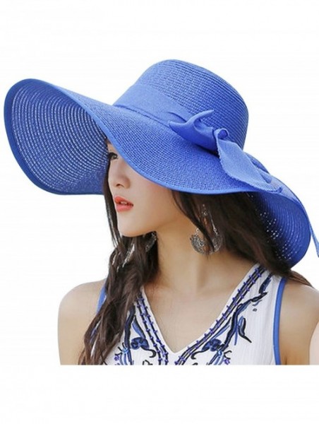 Sun Hats Women Big Bowknot Straw Hat Floppy Foldable Roll Up Beach Cap Sun Hat - Blue - C918D2Y8YNE $18.27