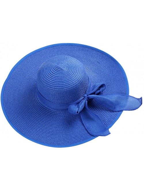 Sun Hats Women Big Bowknot Straw Hat Floppy Foldable Roll Up Beach Cap Sun Hat - Blue - C918D2Y8YNE $18.27