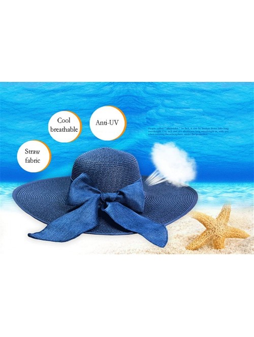 Sun Hats Women Big Bowknot Straw Hat Floppy Foldable Roll Up Beach Cap Sun Hat - Blue - C918D2Y8YNE $18.27