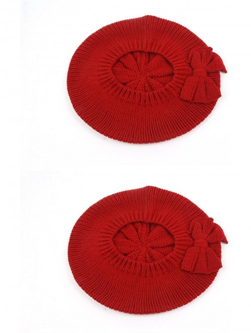 Berets Women's Fashion Knitted Beret Gill Pattern with Bow 162HB - 2 Pcs Red & Red - CT1267YOIRZ $35.26