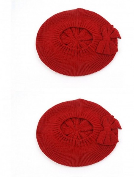 Berets Women's Fashion Knitted Beret Gill Pattern with Bow 162HB - 2 Pcs Red & Red - CT1267YOIRZ $35.26