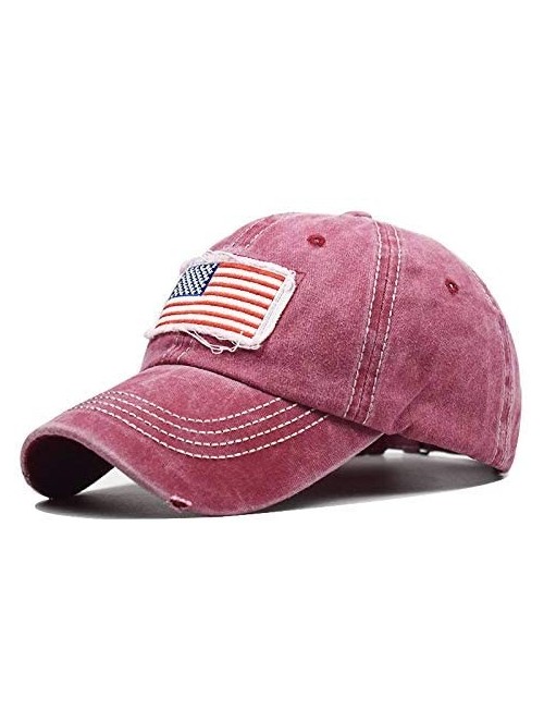 Baseball Caps Women American-Flag Embroidery Ponytail-Baseball Hat Washed Distressed Messy-Bun Hat Adjustable - Wine Red - CH...