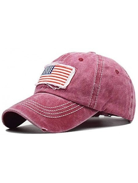 Baseball Caps Women American-Flag Embroidery Ponytail-Baseball Hat Washed Distressed Messy-Bun Hat Adjustable - Wine Red - CH...