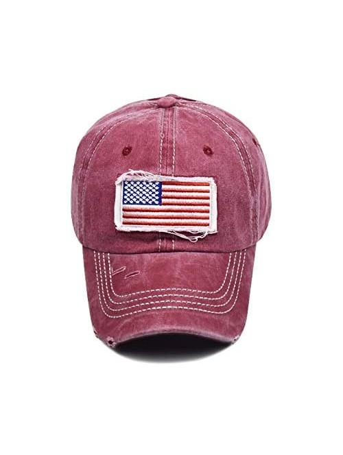 Baseball Caps Women American-Flag Embroidery Ponytail-Baseball Hat Washed Distressed Messy-Bun Hat Adjustable - Wine Red - CH...