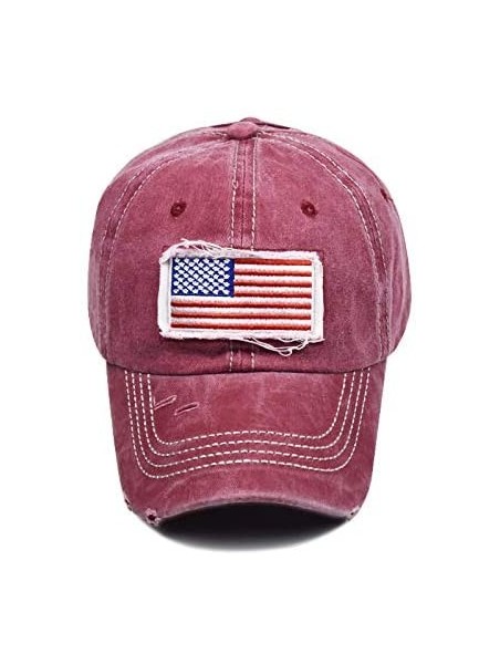 Baseball Caps Women American-Flag Embroidery Ponytail-Baseball Hat Washed Distressed Messy-Bun Hat Adjustable - Wine Red - CH...