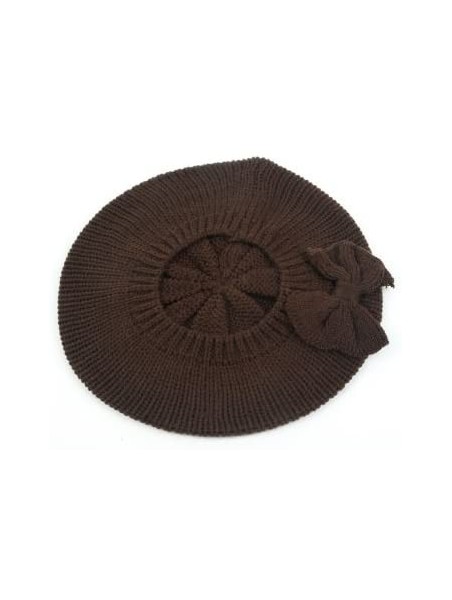 Berets Women's Fashion Knitted Beret Gill Pattern with Bow 162HB - Brown - CD1107EQAAX $20.98