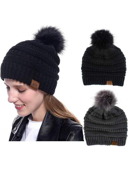 Skullies & Beanies Women Pompom Beanie 2 Pack- Knit Ski Cap Winter Chunky Baggy Hat with Faux Fur Bobble (Black + Grey) - C41...