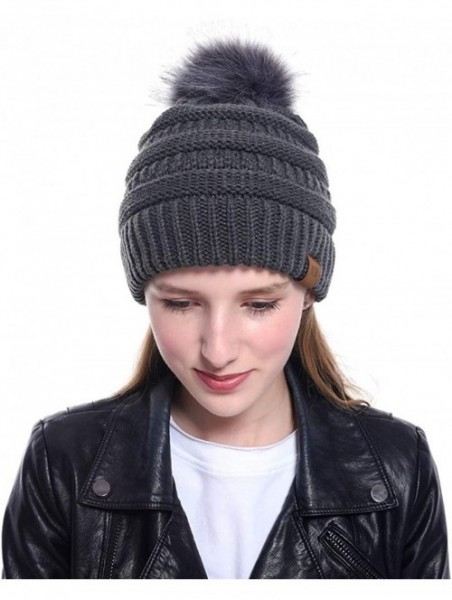 Skullies & Beanies Women Pompom Beanie 2 Pack- Knit Ski Cap Winter Chunky Baggy Hat with Faux Fur Bobble (Black + Grey) - C41...