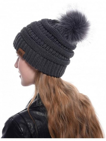 Skullies & Beanies Women Pompom Beanie 2 Pack- Knit Ski Cap Winter Chunky Baggy Hat with Faux Fur Bobble (Black + Grey) - C41...