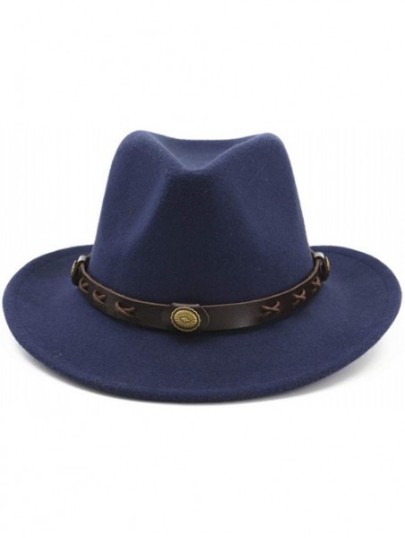 Fedoras Men&Women's Wide Brim Fedora Hat Classic Cowboy Hats with Belt Buckle - Blue - CG18LYMRUNO $19.89