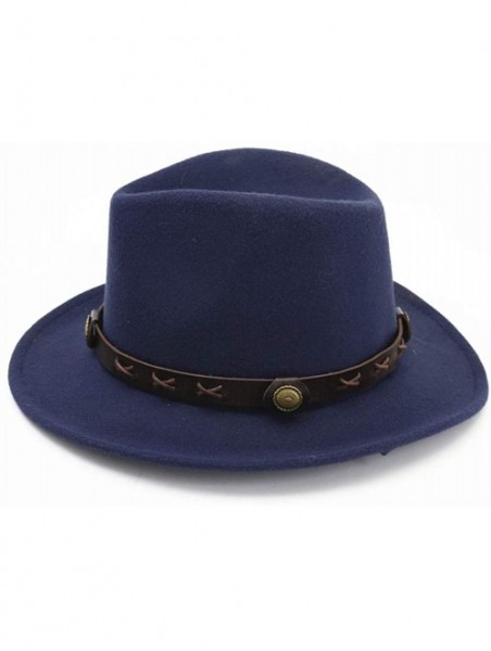 Fedoras Men&Women's Wide Brim Fedora Hat Classic Cowboy Hats with Belt Buckle - Blue - CG18LYMRUNO $19.89