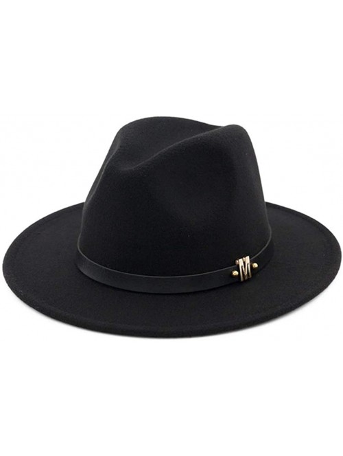 Fedoras Men's Woolen Wide Brim Fedora Hats Classic Vintage Fashion Trilby Hat Jazz Cap with Black Leather Belt - Black - C818...