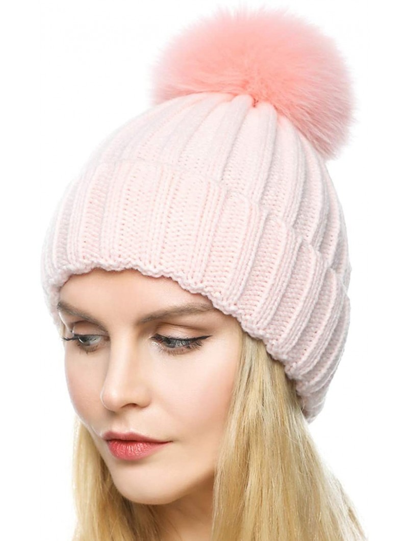 Skullies & Beanies Womens Girls Winter Fur Hat Large Faux Fur Pom Pom Slouchy Beanie Hats - Pink(pink Pompom) - CI18H7QX2ED $...