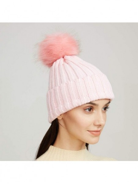 Skullies & Beanies Womens Girls Winter Fur Hat Large Faux Fur Pom Pom Slouchy Beanie Hats - Pink(pink Pompom) - CI18H7QX2ED $...