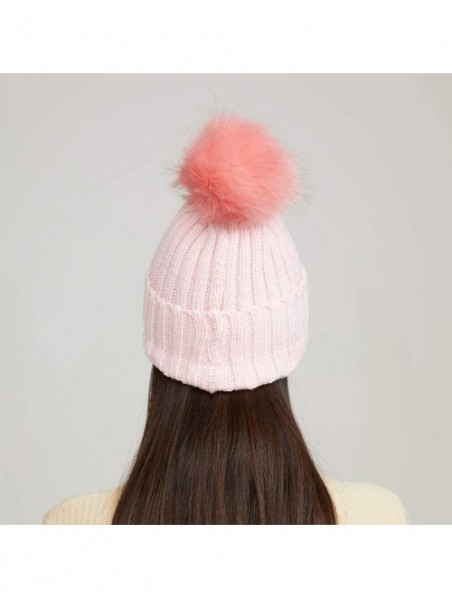 Skullies & Beanies Womens Girls Winter Fur Hat Large Faux Fur Pom Pom Slouchy Beanie Hats - Pink(pink Pompom) - CI18H7QX2ED $...