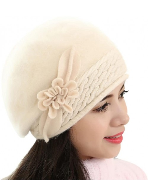 Berets Winter Beret Cap Womens Flower Knit Crochet Beanie Hat Winter Warm Cap - Beige 1 - CJ185LI4QWU $13.59