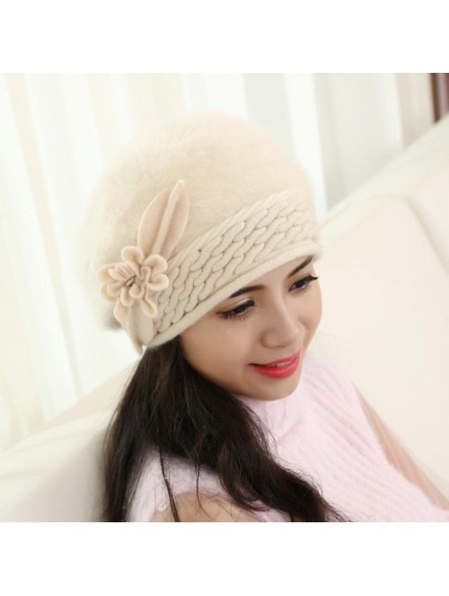 Berets Winter Beret Cap Womens Flower Knit Crochet Beanie Hat Winter Warm Cap - Beige 1 - CJ185LI4QWU $13.59