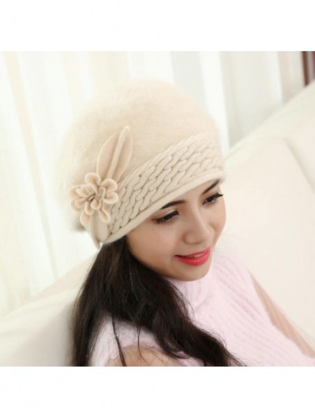 Berets Winter Beret Cap Womens Flower Knit Crochet Beanie Hat Winter Warm Cap - Beige 1 - CJ185LI4QWU $13.59