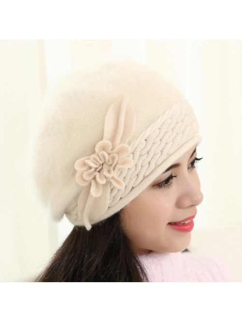 Berets Winter Beret Cap Womens Flower Knit Crochet Beanie Hat Winter Warm Cap - Beige 1 - CJ185LI4QWU $13.59