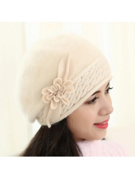 Berets Winter Beret Cap Womens Flower Knit Crochet Beanie Hat Winter Warm Cap - Beige 1 - CJ185LI4QWU $13.59