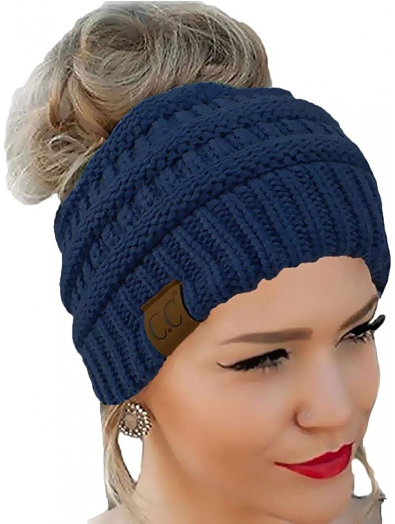 Skullies & Beanies Quality Knit Messy Bun Hat Beanie - Blue - CT12NAERF2Z $16.69