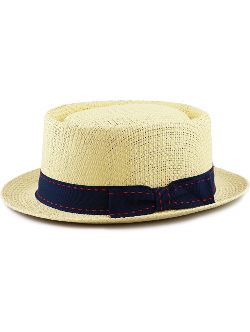 Fedoras Unisex Summer Paper Straw Short Brim Porkpie Stitched Grosgrain Band - Natural - CE17Y7C7XQD $16.89