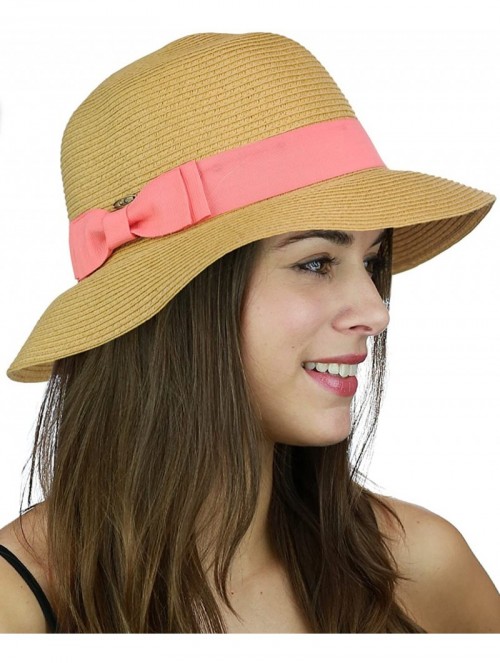 Bucket Hats Women's Paper Woven Cloche Bucket Hat with Color Bow Band - Coral - CC182X0DT3Y $17.07