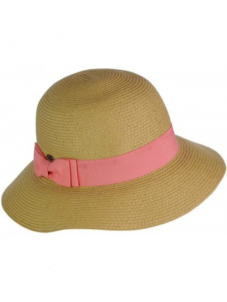 Bucket Hats Women's Paper Woven Cloche Bucket Hat with Color Bow Band - Coral - CC182X0DT3Y $17.07