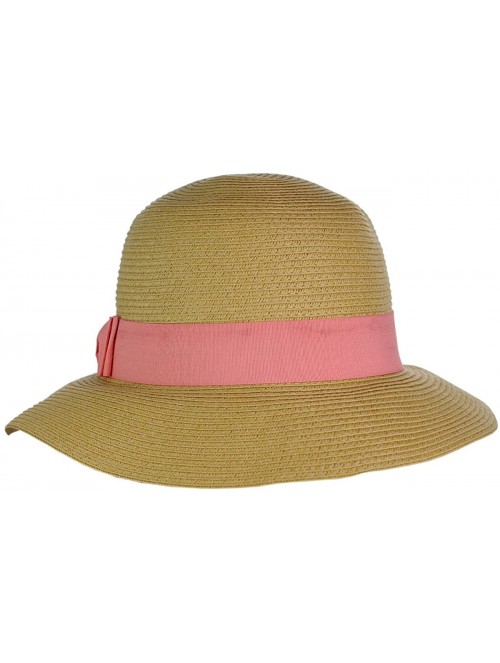 Bucket Hats Women's Paper Woven Cloche Bucket Hat with Color Bow Band - Coral - CC182X0DT3Y $17.07