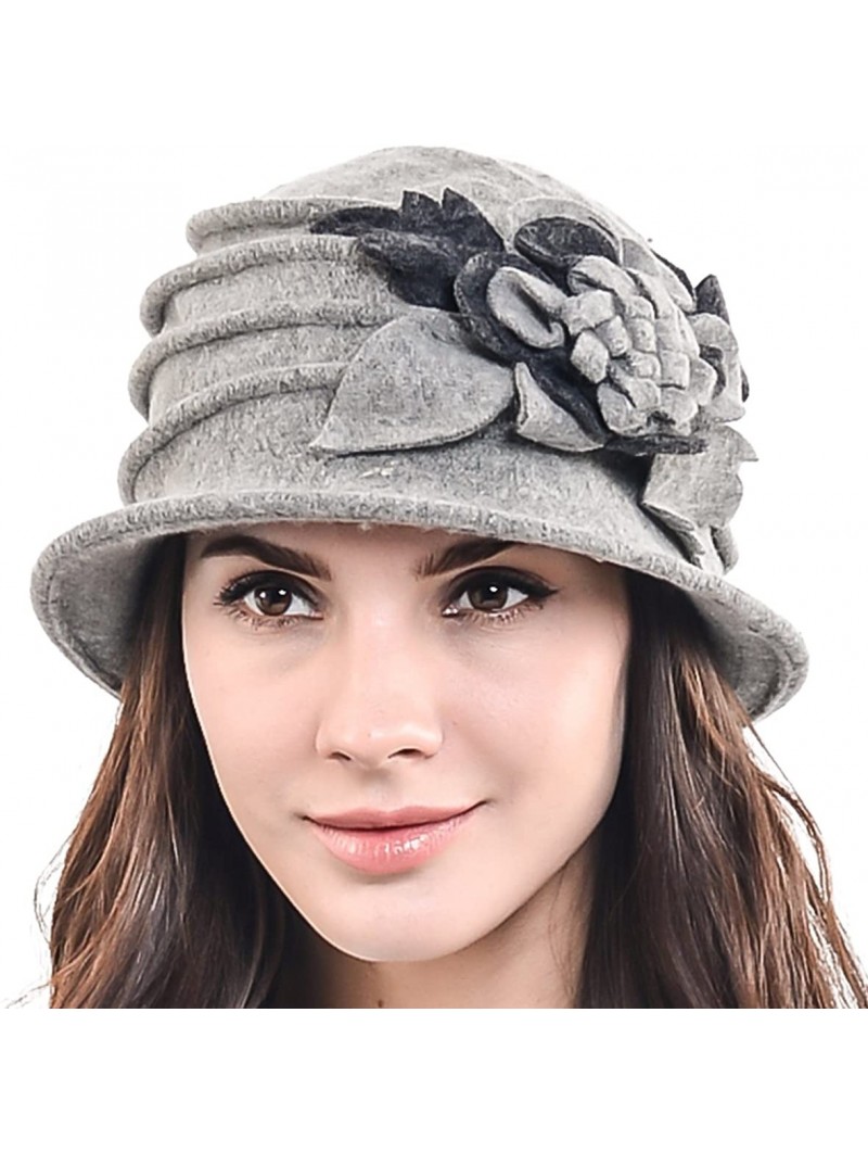 Bucket Hats Women's Elegant Flower Wool Cloche Bucket Ridgy Bowler Hat 09-co20 - Light Gray - CT125YOO3HJ $35.48