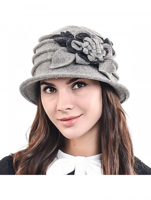 Bucket Hats Women's Elegant Flower Wool Cloche Bucket Ridgy Bowler Hat 09-co20 - Light Gray - CT125YOO3HJ $35.48