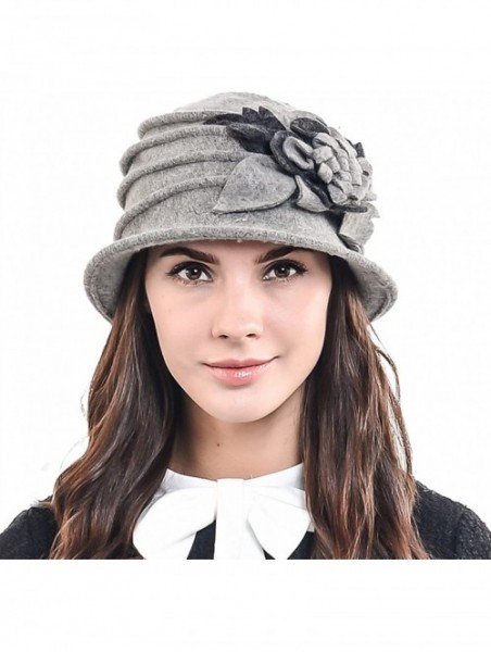 Bucket Hats Women's Elegant Flower Wool Cloche Bucket Ridgy Bowler Hat 09-co20 - Light Gray - CT125YOO3HJ $35.48