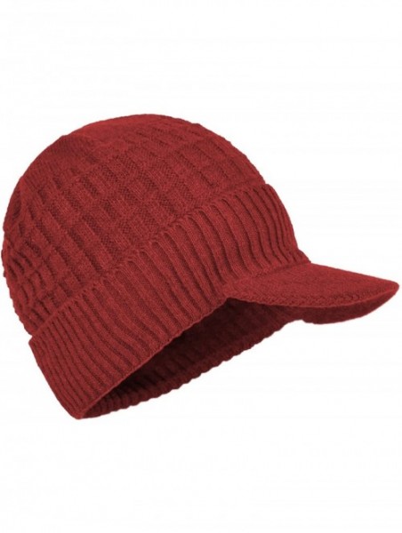 Skullies & Beanies Daily Knit Visor Brim Beanie Hat Fleece Lined Skull Ski Cap - Red-sv - CB187IUCWIN $25.56