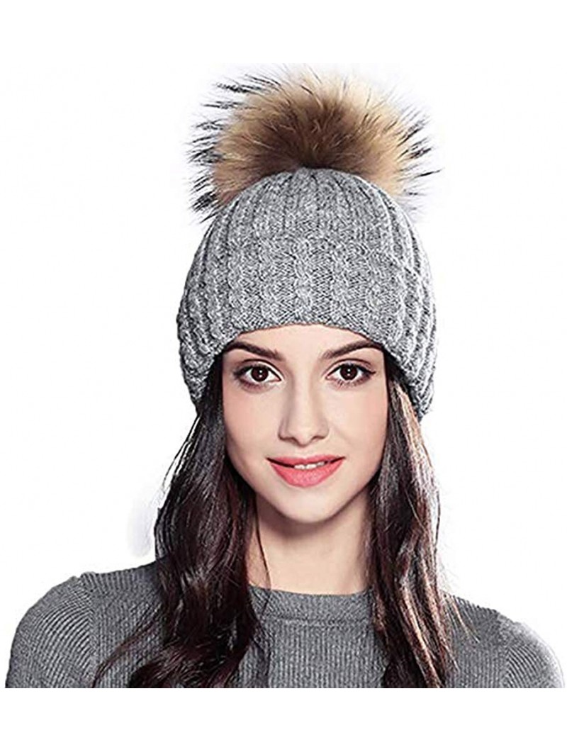 Skullies & Beanies Women Fashion Warm Winter Knitted Beanie Fur Ball Pom Hat Crochet Ski Cap - Light Gray - CL18HOEEYTN $16.69