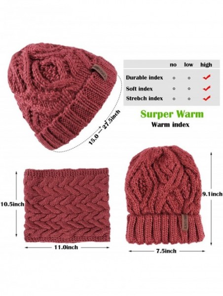 Skullies & Beanies Women Girls Hat Scarf Set Fleece Knit Slouchy Beanie Cap Hat Neck Warmer Ski Winter Accessories - Wine - C...