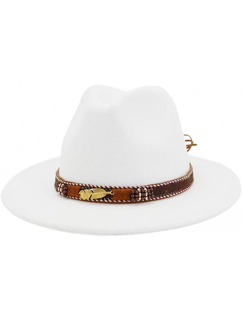 Fedoras Men Women Ethnic Felt Fedora Hat Wide Brim Panama Hats with Band - White - CN193AXK7RD $18.53