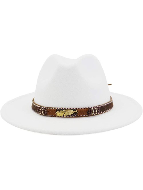 Fedoras Men Women Ethnic Felt Fedora Hat Wide Brim Panama Hats with Band - White - CN193AXK7RD $18.53