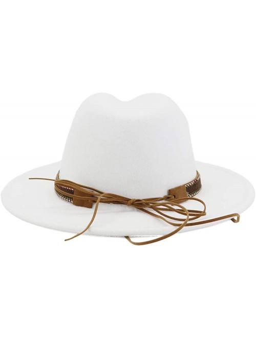 Fedoras Men Women Ethnic Felt Fedora Hat Wide Brim Panama Hats with Band - White - CN193AXK7RD $18.53